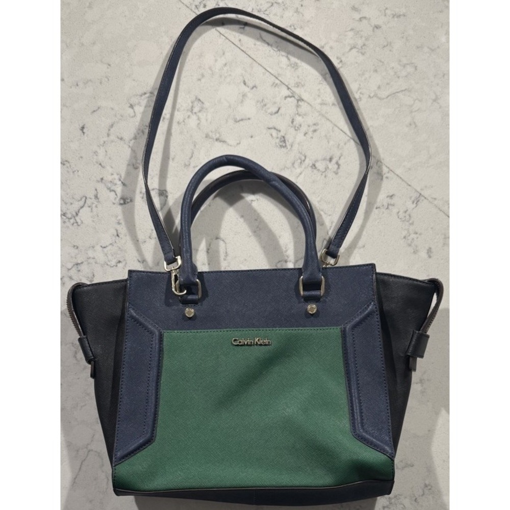 Calvin Klein Colorblock Saffiano Leather Satchel Tote Bag Green Navy Blue Black